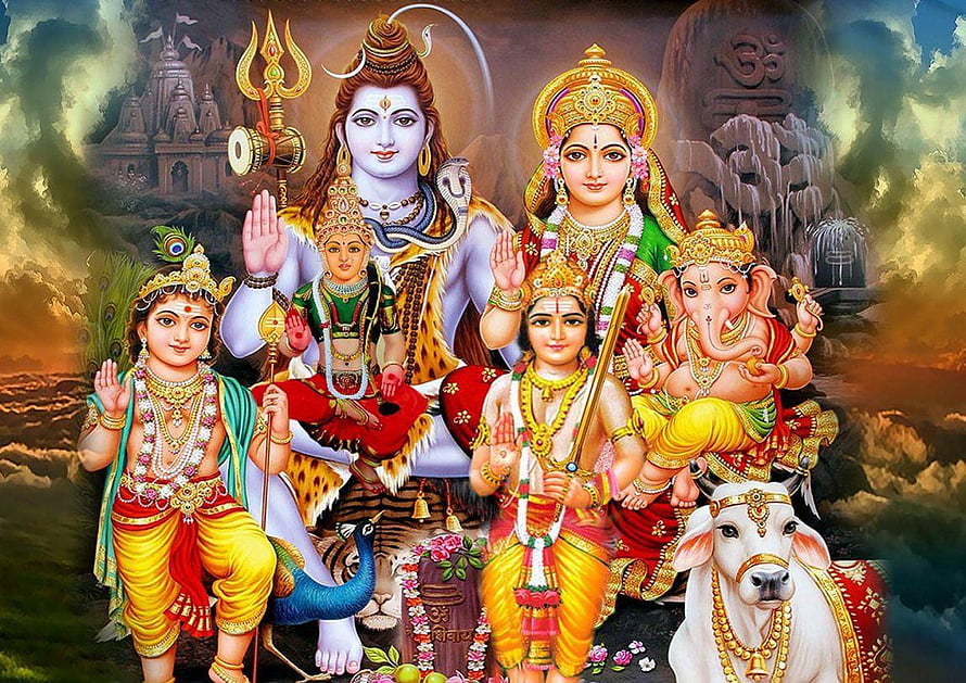 Hindu Family Portrait of Lord Shiva, Parvati, Ganesha, Kartikeya, and Hanuman, full size Shiv Parivar, shiv pariwar HD wallpaper
