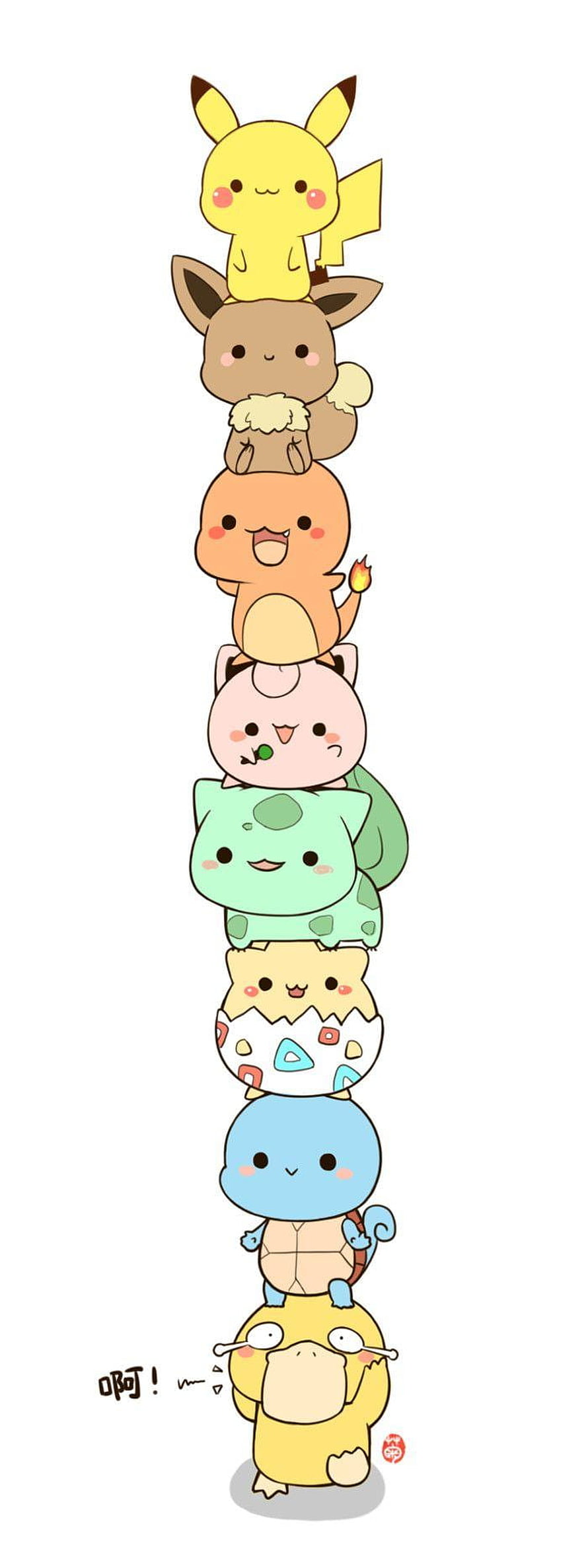 Cute Chibi Pokemon Stacked Tower Illustration Featuring Pikachu, Eevee, Charmander, Bulbasaur, Squirtle, Psyduck and More HD phone wallpaper