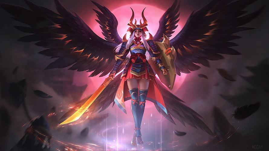 Freya Raven Shogun Skin from Mobile Legends Bang Bang with Dark Wings and Glowing Sword HD wallpaper