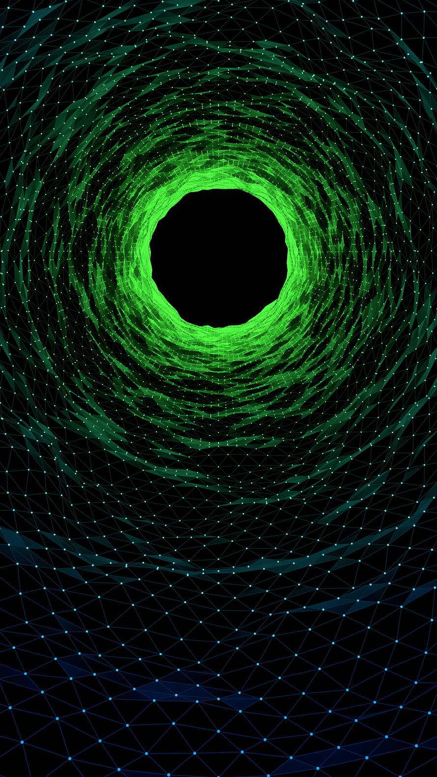 Green Digital Vortex with Triangular Mesh Network on Black Background HD phone wallpaper