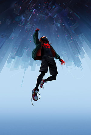 Miles Morales Spider-Man Leaping Through Futuristic City Skyline, Cool Miles Morales Spiderman, miles morales mobile HD phone wallpaper