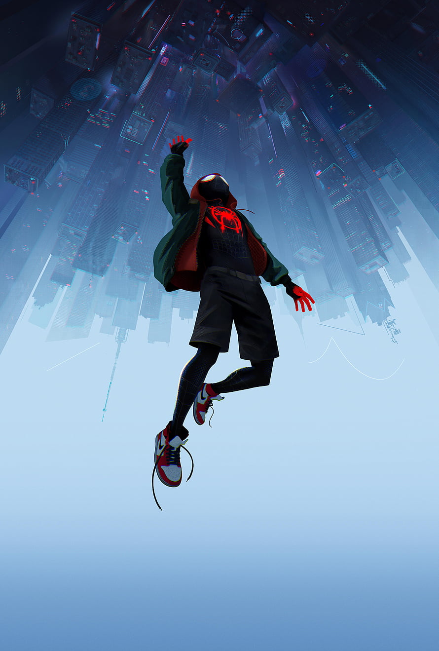 Miles Morales Spider-Man Leaping Through Futuristic City Skyline, Cool Miles Morales Spiderman, miles morales mobile HD phone wallpaper