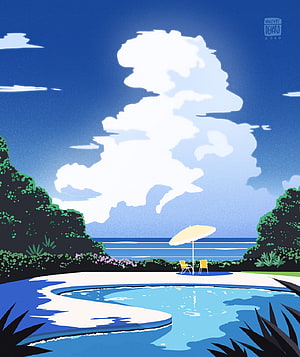 Stylized Illustration of a Tropical Poolside Scene with Ocean View and Large Clouds HD phone wallpaper