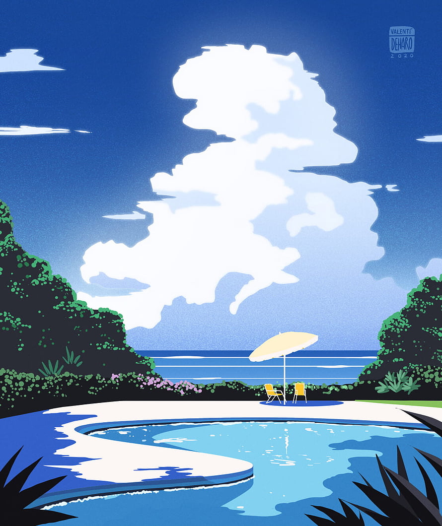 Stylized Illustration of a Tropical Poolside Scene with Ocean View and Large Clouds HD phone wallpaper