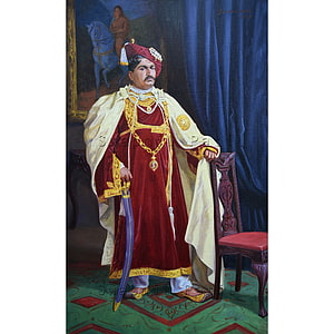 Shahu Maharaj in Royal Regalia Oil Painting with Sword and Ceremonial Attire HD phone wallpaper