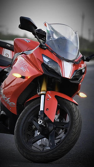 Red TVS Apache RR 310 Sport Motorcycle Front View with Gold Forks and Windshield HD phone wallpaper