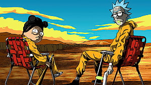 Rick Sanchez and Morty Smith Sitting in Desert Sunset Scene HD wallpaper