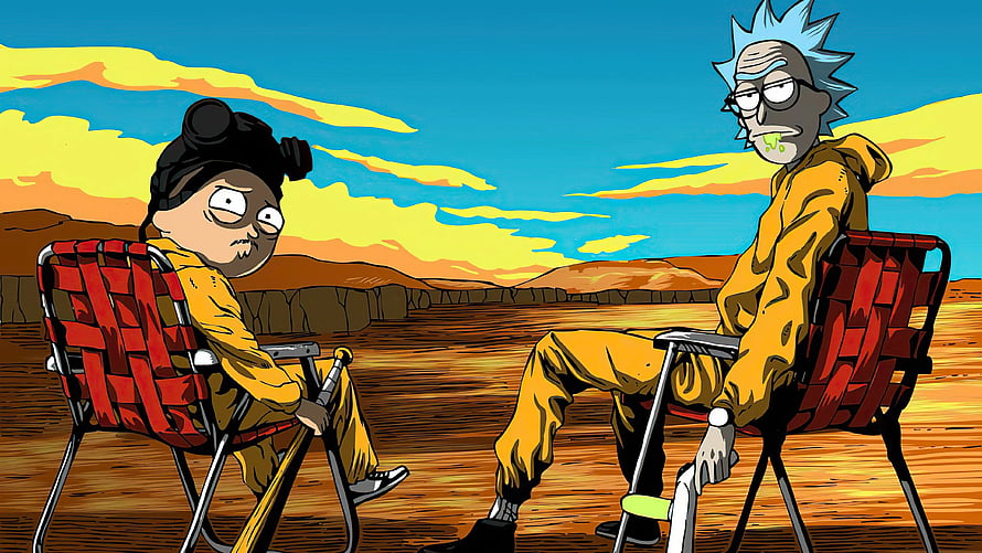 Rick Sanchez and Morty Smith Sitting in Desert Sunset Scene HD wallpaper