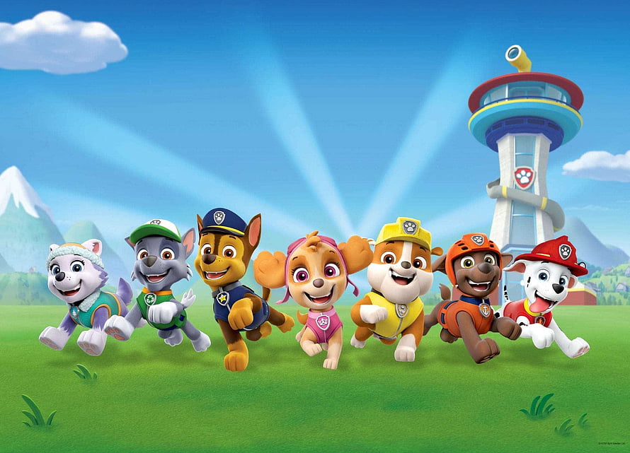 Paw Patrol Team Running Together in Adventure Bay with Lookout Tower HD wallpaper
