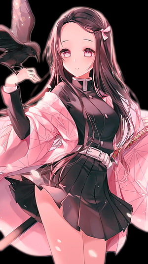 Nezuko Kamado from Demon Slayer Anime with Crow and Pink Haori HD phone wallpaper