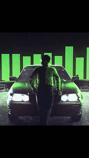 Scam 1992 Harshad Mehta Character Standing Before Classic Car in Green Neon Light HD phone wallpaper