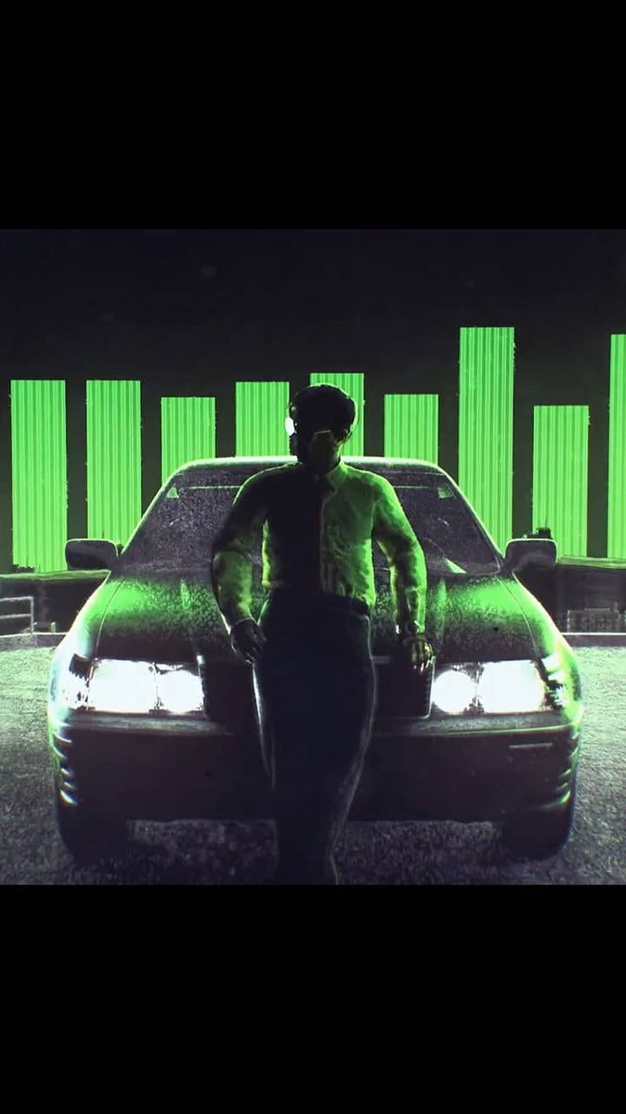 Scam 1992 Harshad Mehta Character Standing Before Classic Car in Green Neon Light HD phone wallpaper