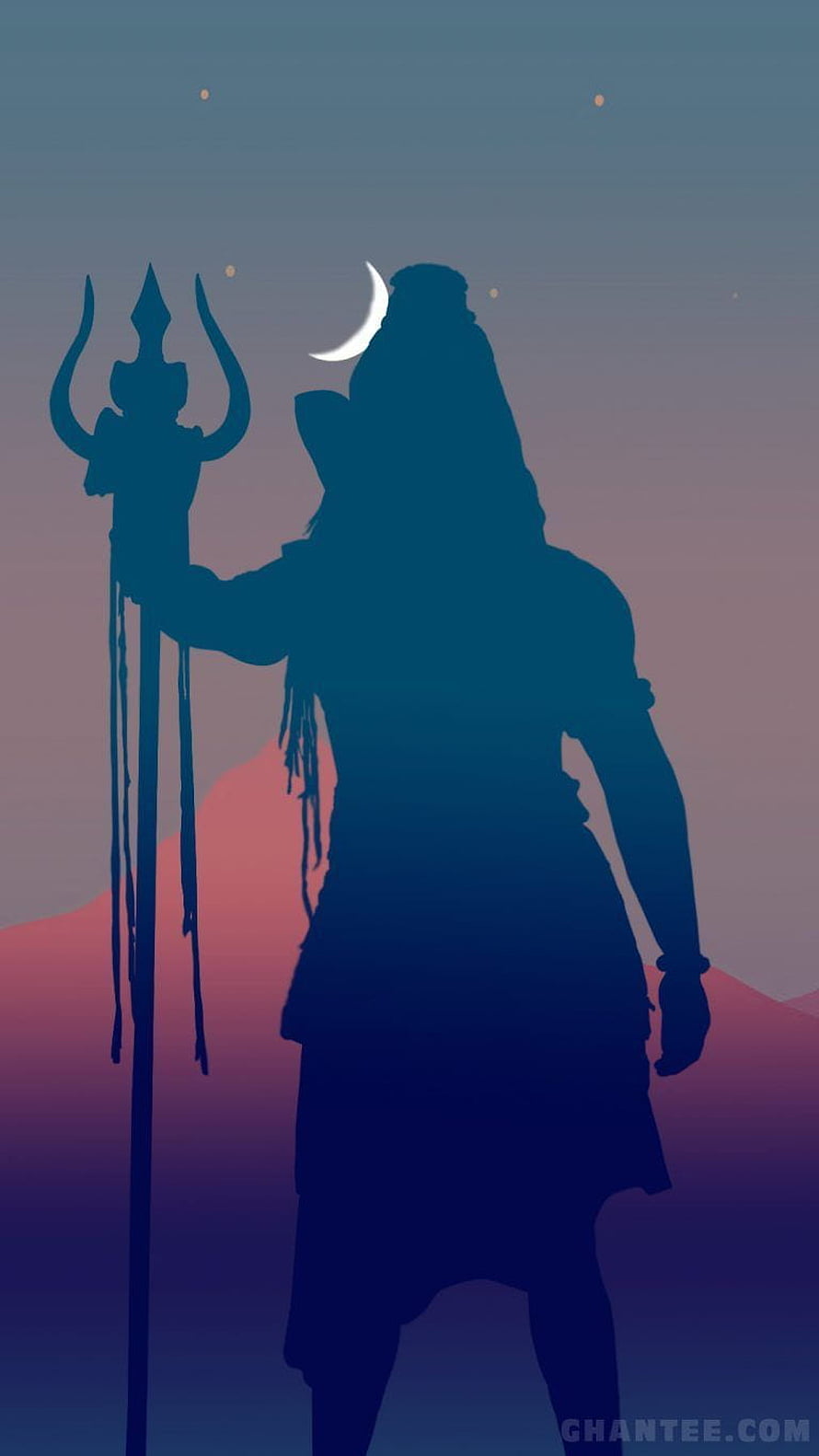 Lord Shiva Silhouette Holding Trishula Against Twilight Sky and Crescent Moon HD phone wallpaper