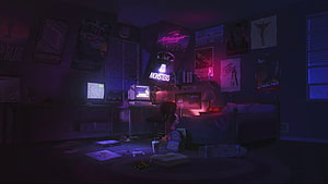 Neon-lit lofi bedroom scene with retro computer, posters, and moody purple lighting HD wallpaper