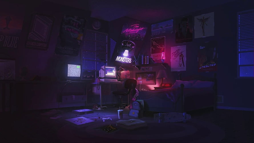 Neon-lit lofi bedroom scene with retro computer, posters, and moody purple lighting HD wallpaper