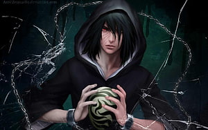 Sasuke Uchiha in Black Hoodie Holding Rinnegan Orb with Chains and Cracked Glass HD wallpaper