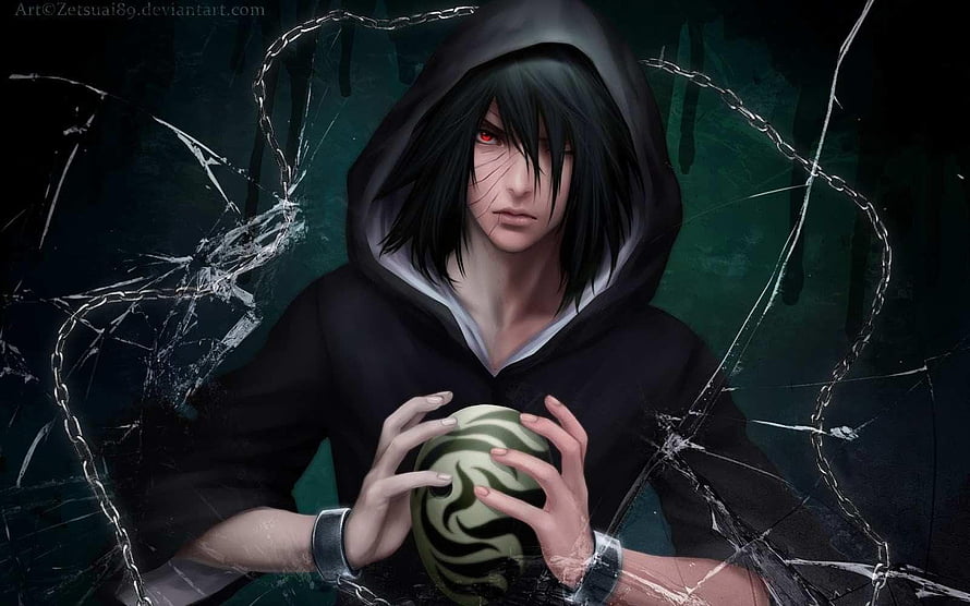 Sasuke Uchiha in Black Hoodie Holding Rinnegan Orb with Chains and Cracked Glass HD wallpaper