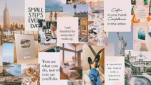 Inspirational Lifestyle Mood Board with Travel, Coffee, and Motivational Quotes HD wallpaper