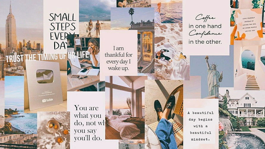 Inspirational Lifestyle Mood Board with Travel, Coffee, and Motivational Quotes HD wallpaper