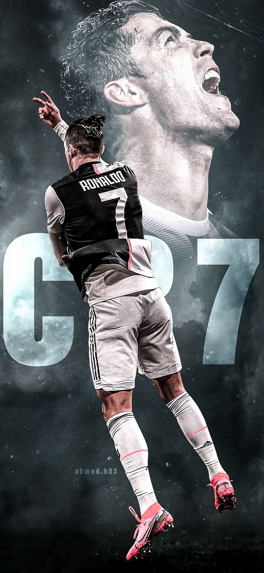 Cristiano Ronaldo Jumping Celebration in Juventus Kit with Dramatic Background HD phone wallpaper