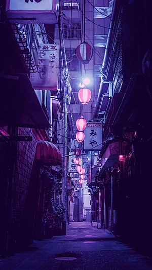 Neon-lit Japanese alleyway at night with hanging red lanterns and purple ambient lighting HD phone wallpaper