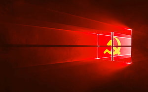 Red Windows 10 Logo with Soviet Hammer and Sickle Symbol on Dark Background HD wallpaper