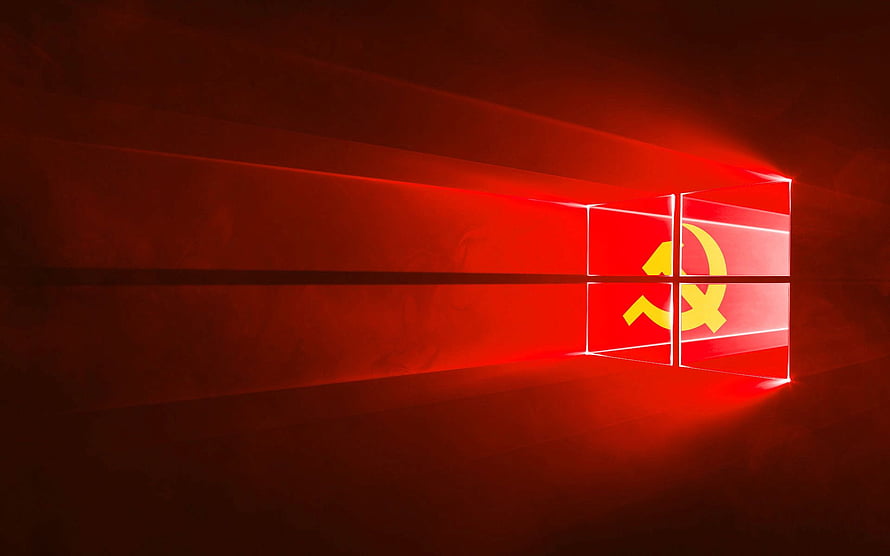 Red Windows 10 Logo with Soviet Hammer and Sickle Symbol on Dark Background HD wallpaper
