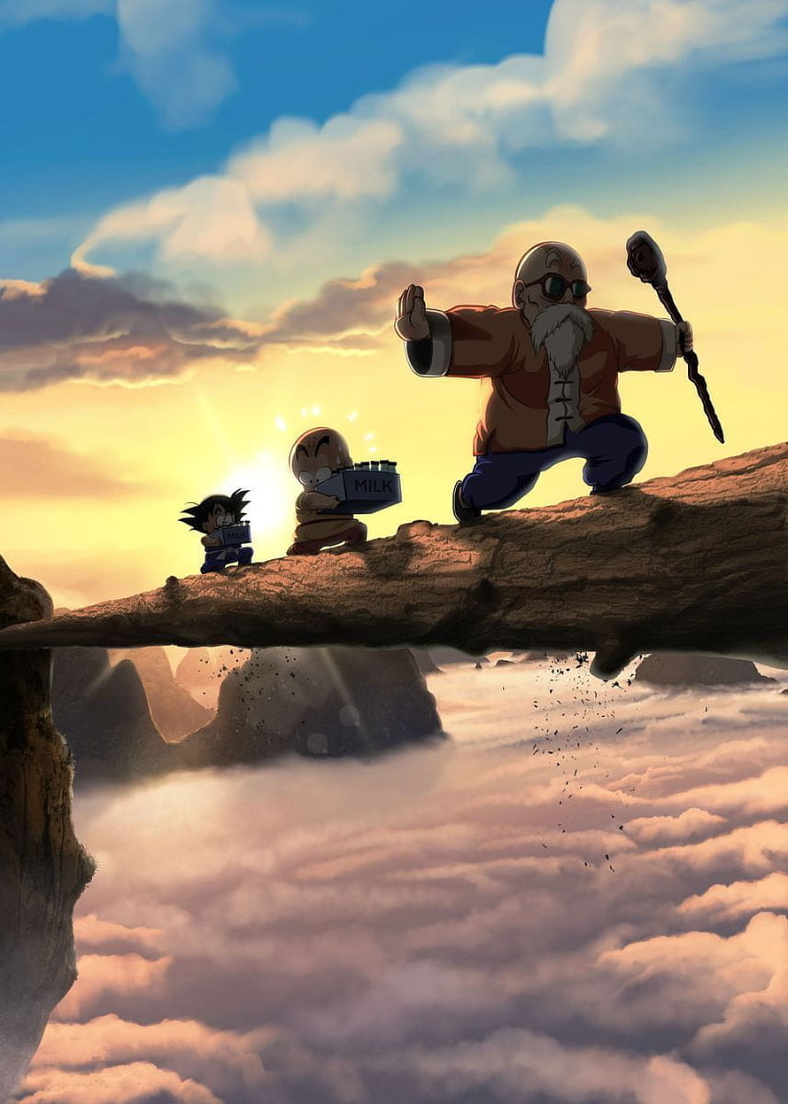 Dragon Ball Z Grandpa Gohan, Goku, and Krillin Walking on a Log Bridge Above the Clouds HD phone wallpaper