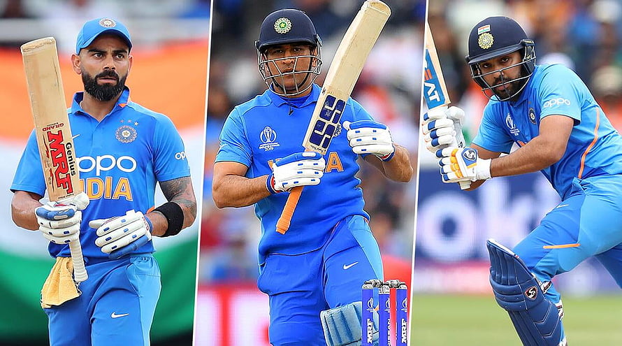 Virat Kohli, MS Dhoni, and Rohit Sharma in India Cricket Blue ODI Uniforms HD wallpaper