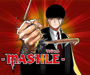 Mashle Anime Character in Black Suit with Red Tie and Dynamic Fist Pose HD wallpaper