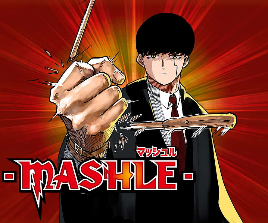Mashle Anime Character in Black Suit with Red Tie and Dynamic Fist Pose HD wallpaper