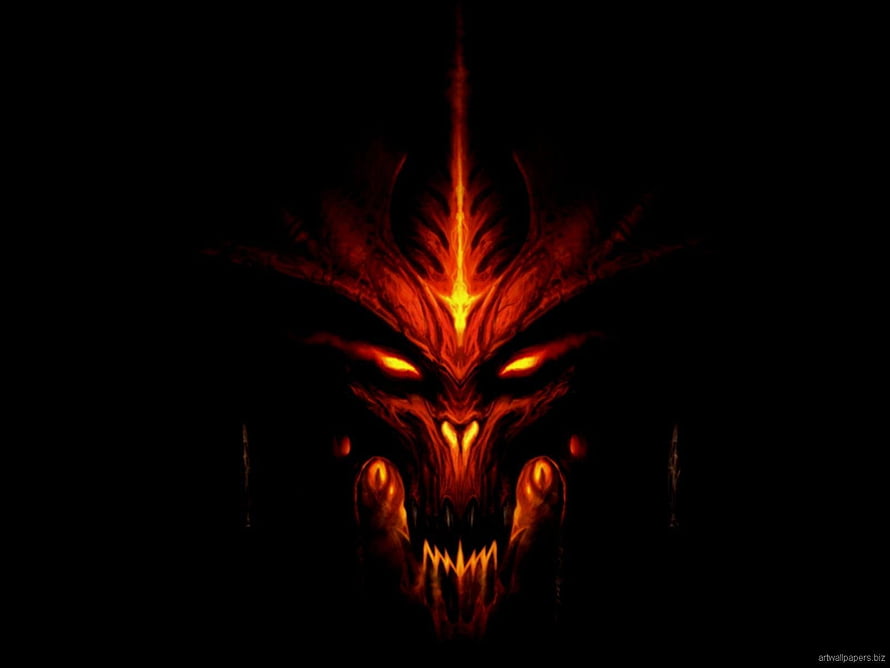 Fiery Red Demon Skull with Glowing Eyes and Horns on Black Background HD wallpaper