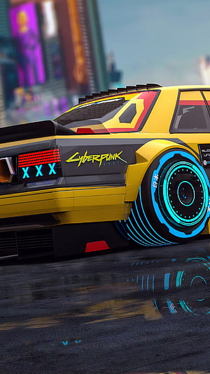 Cyberpunk 2077 Yellow Sports Car with Neon Blue Wheels in Futuristic City HD phone wallpaper