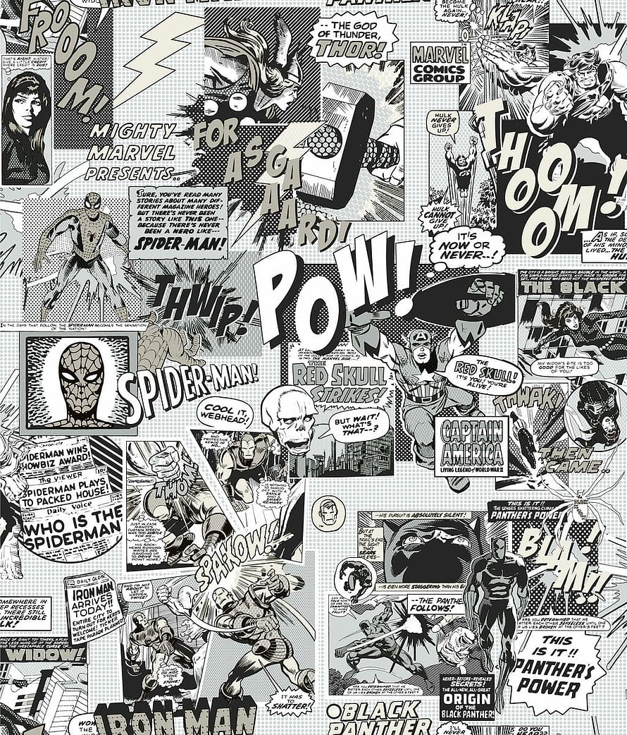 Vintage Marvel Comics Collage Featuring Spider-Man, Thor, Captain America, Iron Man, and Black Panther, Marvel Comics Pow!, marvel black and white HD phone wallpaper