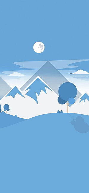 Minimalist Blue Mountain Landscape With Moon And Trees HD phone wallpaper