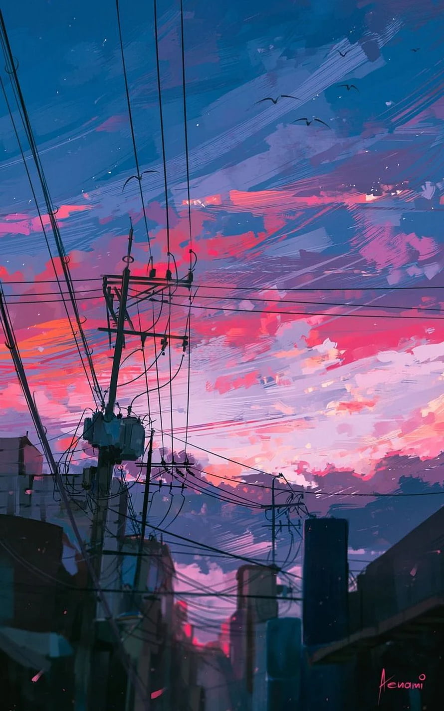 Lo-fi Anime Cityscape at Dusk with Power Lines and Vibrant Pink Sky HD phone wallpaper