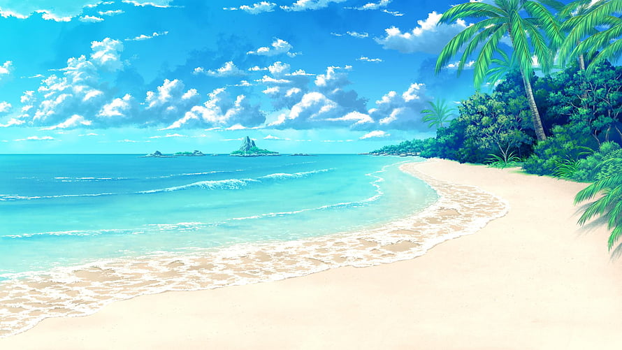Sunny Tropical Beach with Palm Trees and Distant Island in Anime Style HD wallpaper