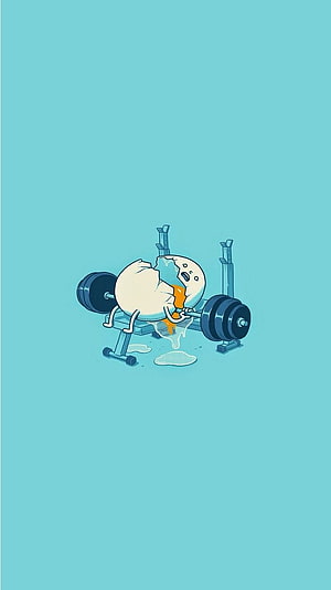 Cracked Egg Character Bench Pressing on a Gym Bench in a Minimalist Cartoon Illustration HD phone wallpaper