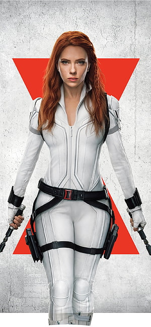 Black Widow in White Tactical Suit with Red Triangle Background HD phone wallpaper