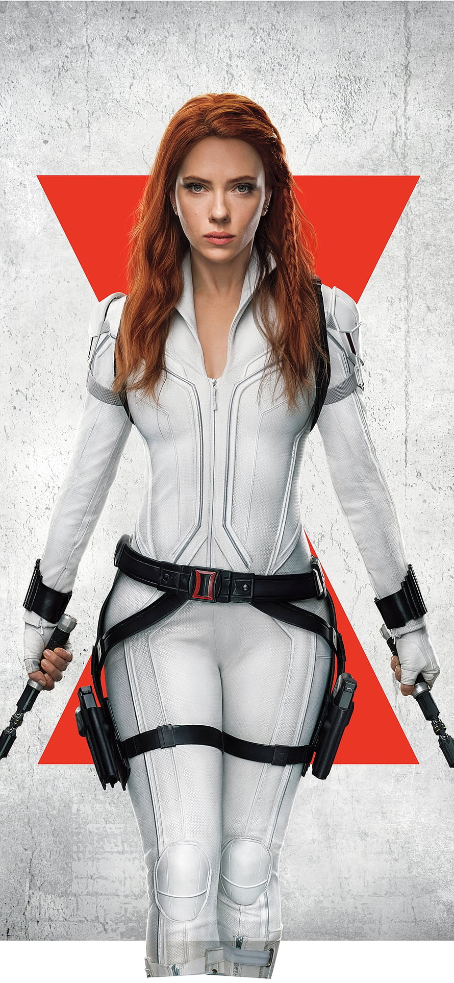 Black Widow in White Tactical Suit with Red Triangle Background HD phone wallpaper