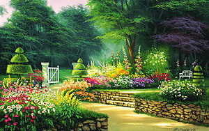 Lush Spring Garden Scene with Colorful Flowers, Topiary, and Stone Path HD wallpaper