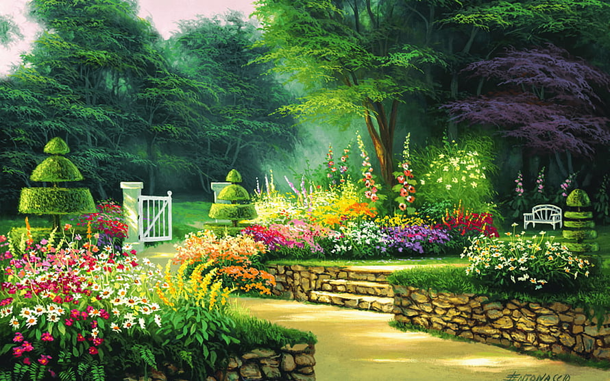 Lush Spring Garden Scene with Colorful Flowers, Topiary, and Stone Path HD wallpaper