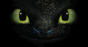 Toothless Dragon Close-Up With Glowing Green Eyes And Dark Scales HD wallpaper
