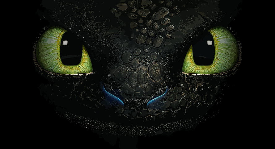 Toothless Dragon Close-Up With Glowing Green Eyes And Dark Scales HD wallpaper
