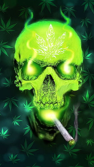 Glowing Green Skull with Cannabis Leaf Tattoo and Joint HD phone wallpaper