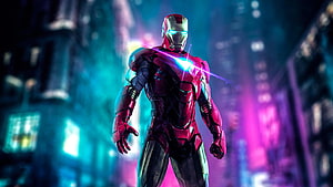 Iron Man in a Futuristic Neon Cityscape with Glowing Arc Reactor and Cyberpunk Atmosphere, 1920x1080 Iron Man Neon Art Laptop Full, #iron man neon HD wallpaper