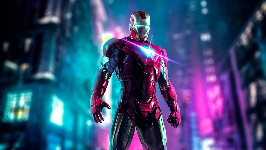 Iron Man in a Futuristic Neon Cityscape with Glowing Arc Reactor and Cyberpunk Atmosphere, 1920x1080 Iron Man Neon Art Laptop Full, #iron man neon HD wallpaper