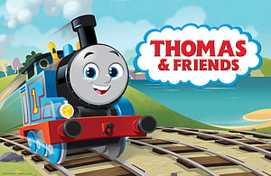 Thomas the Tank Engine on a Sunny Railway Track with the Thomas and Friends Logo HD wallpaper