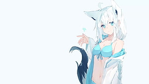 Shirakami Fubuki Anime Illustration with White Hair and Fox Ears HD wallpaper