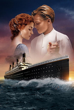 Titanic Movie Poster Featuring Jack and Rose with the Ship Sailing on the Ocean HD phone wallpaper